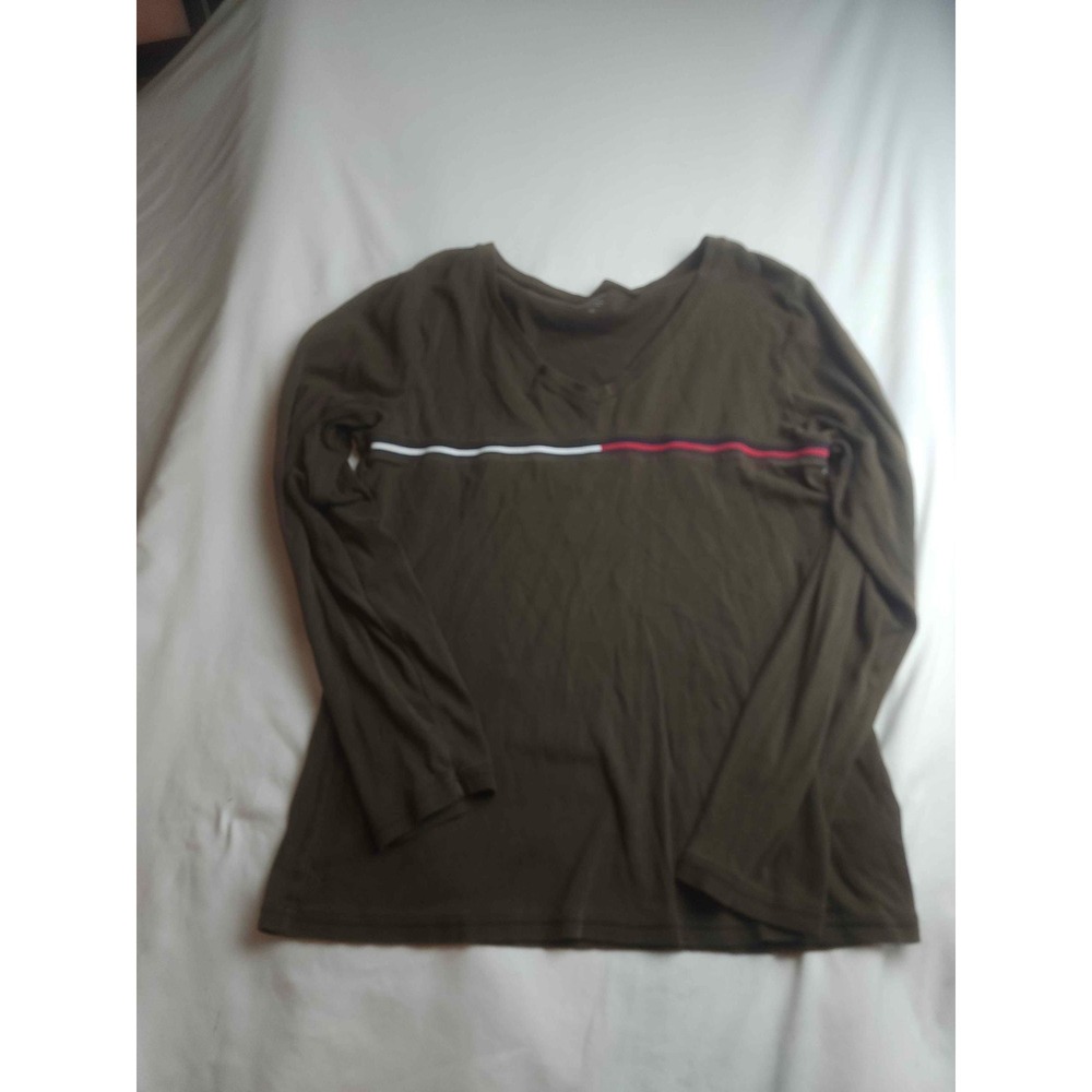 Tommy Hilfiger Olive Green Long Sleeve V-Neck Stripe T-Shirt Mens Large